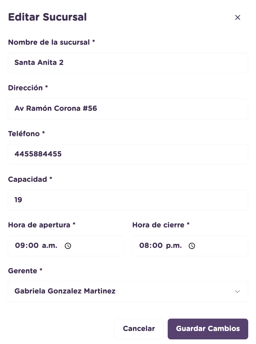 Vista general para editar una sucursal