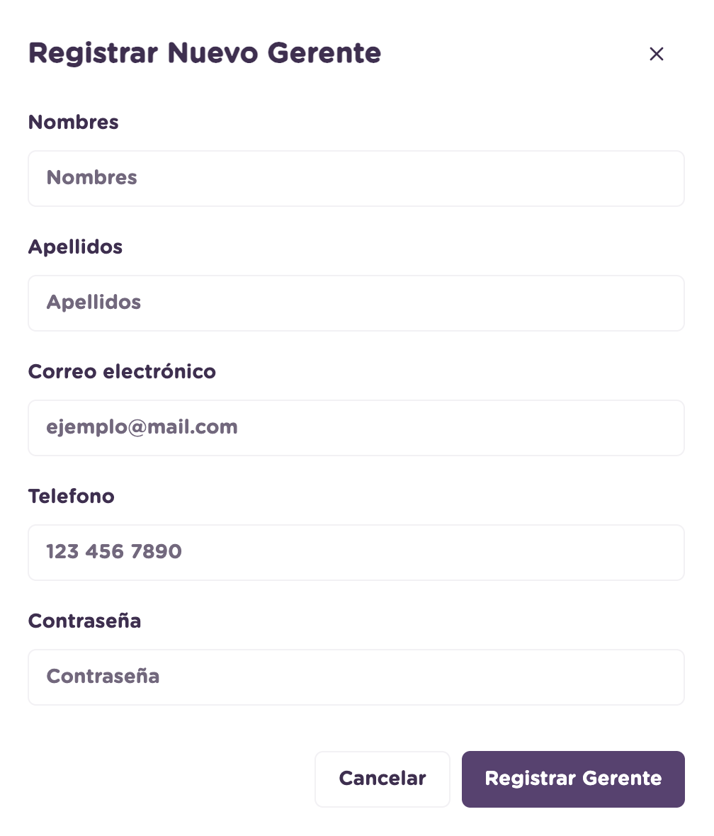 Vista para registrar un nuevo gerente