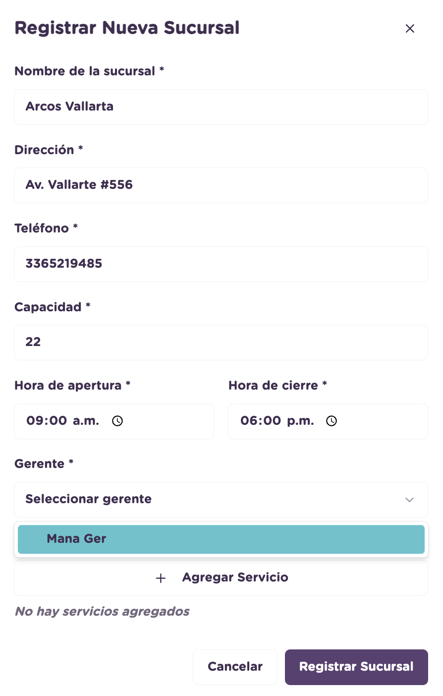Seleccionar gerente disponible para la sucursal